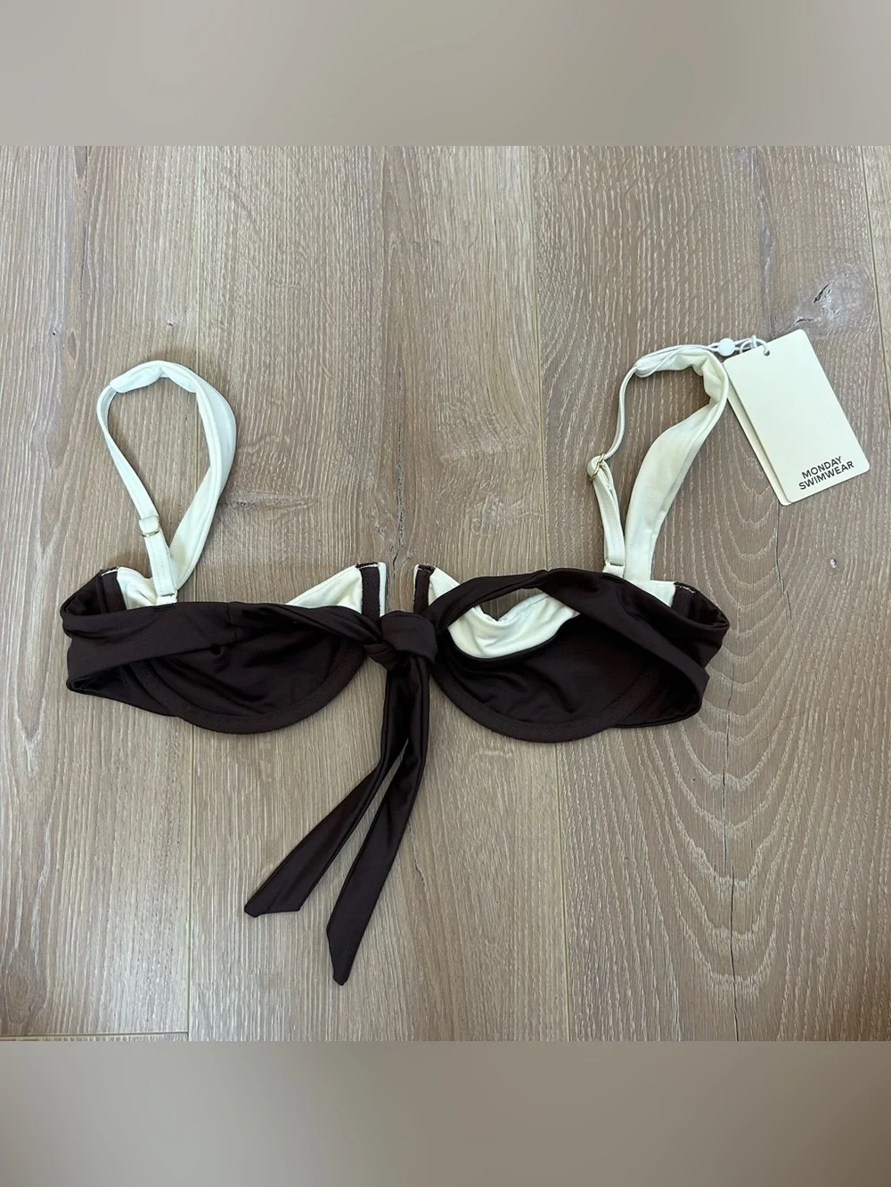 NWT New Monday Swimwear Cala Roja Top and Palma Thong in Espresso/Ivory Size S